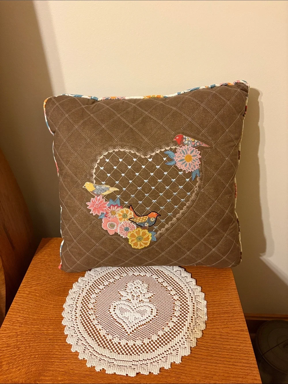 Hand Crafted Embroidered Heart & Bird Brown Quilted Throw Pillow
